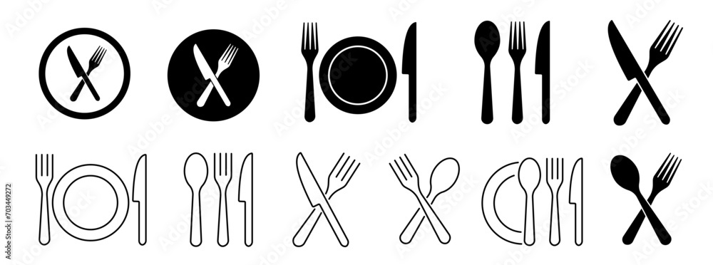 Silverware icons. Fork, knife, plate and spoon. Menu symbol. Black silverware icon. Vector illustration. - obrazy, fototapety, plakaty 