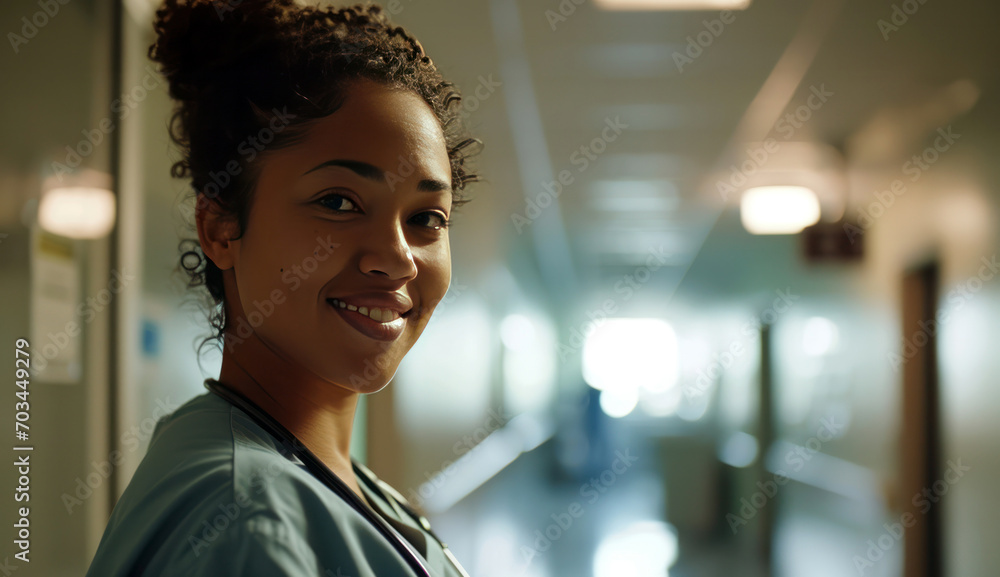 portrait of a nurse in hospital corridor portrait of a nurse in hospital corridor