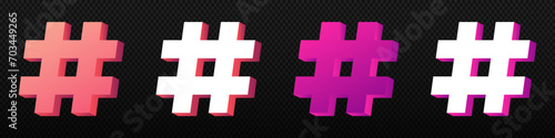 Hashtag 3d social media icon. Pink post hash tag symbol
