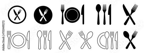 Silverware icons. Fork, knife, plate and spoon. Menu symbol. Black silverware icon. Vector illustration.