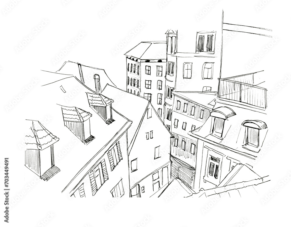 Sketch of a street in the old town. Black pen illustration, isolated on white background bridge