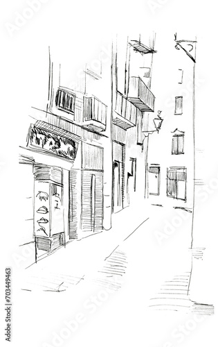 Sketch of a street in the old town. Black pen illustration  isolated on white background bridge