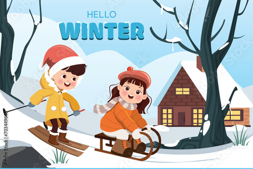 Hello winter backdrop cute cartoon children.