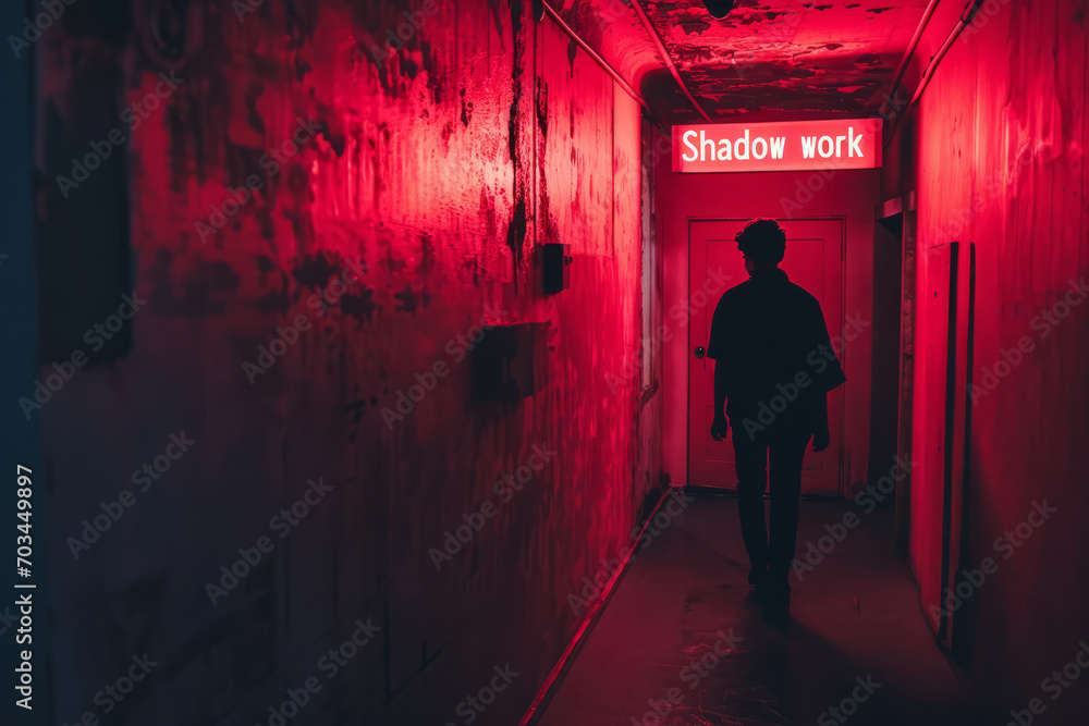 Shadow work concept image with silhouette shadow of a man in next to a written sign with words Shadow work