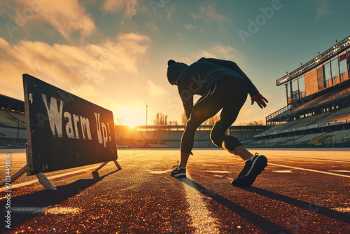 Warm-up concept image with a sportsman on his warmup in an empty stadium and sign with written words Warm Up photo
