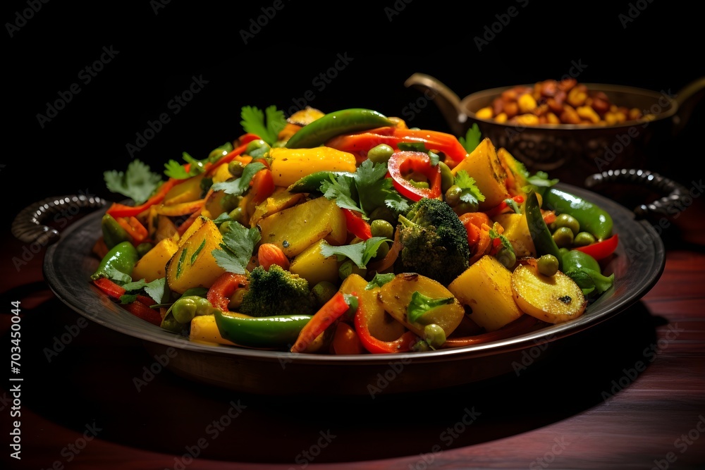 A vibrant platter of mixed vegetable sabzi, a medley of seasonal veggies cooked to perfection. A vibrant platter of mixed vegetable sabzi, a medley of seasonal veggies cooked to perfection.
