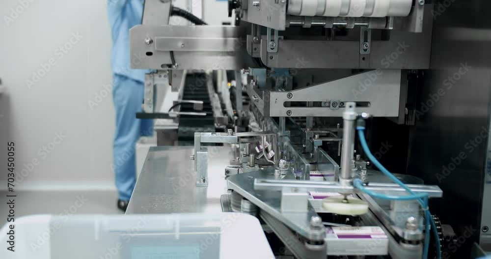Robotic arm put medicine package on conveyor belt. Packaged goods at automated production line. Medical factory assembly line packing medicine machine. Production line of pharmaceutical manufacturing. Robotic arm put medicine package on conveyor belt. Packaged goods at automated production line. Medical factory assembly line packing medicine machine. Production line of pharmaceutical manufacturing.