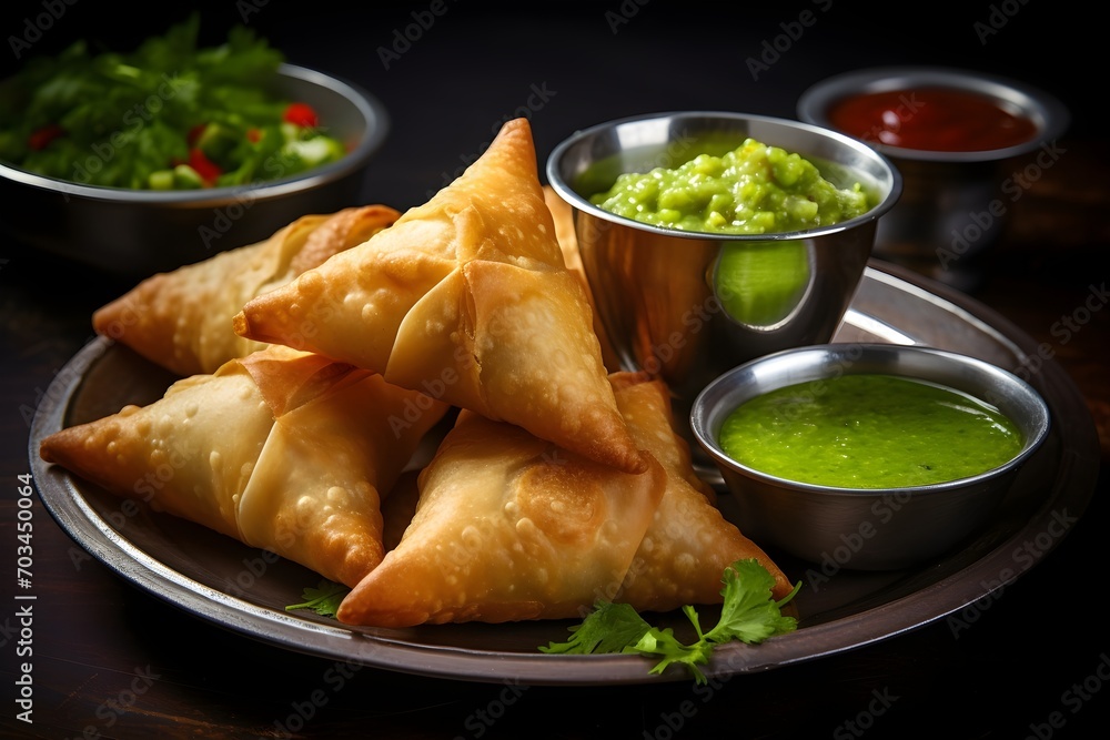A tempting plate of samosas, golden and crispy, filled with a spiced potato and pea mixture. A tempting plate of samosas, golden and crispy, filled with a spiced potato and pea mixture.