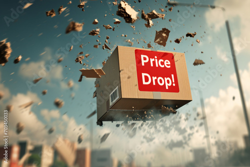 Price drop concept image with cardboard box dropping from the sky with written Price drop on it photo