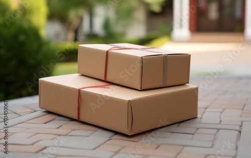 Shipping boxes in front of a door. Online shopping