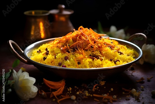 Aromatic saffron-infused rice, forming the base of a biryani masterpiece