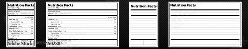 Nutrition facts template. Nutrition food blank label vector photo