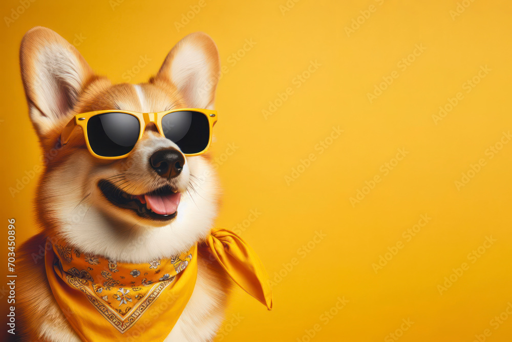 Summer corgi dog wearing yellow sunglasses and neckerchief on yellow background. ai generative - obrazy, fototapety, plakaty 