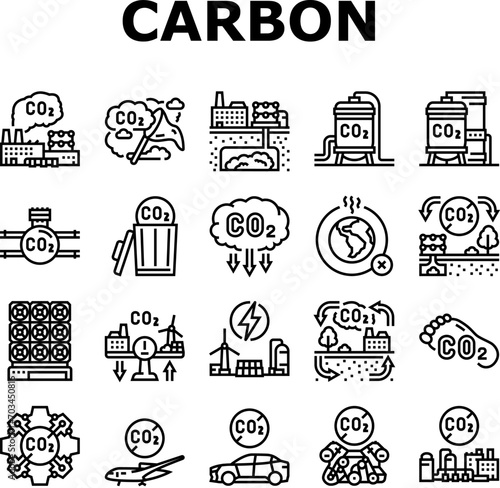 carbon capture co2 storage icons set vector. energy footprint, utilization sequestration, green, technology, pollution reduction carbon capture co2 storage black contour illustrations