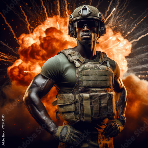Strong army man wearing bulletproof vest, helmet and goggles. Fire and explosions at backdrop. ai generative photo
