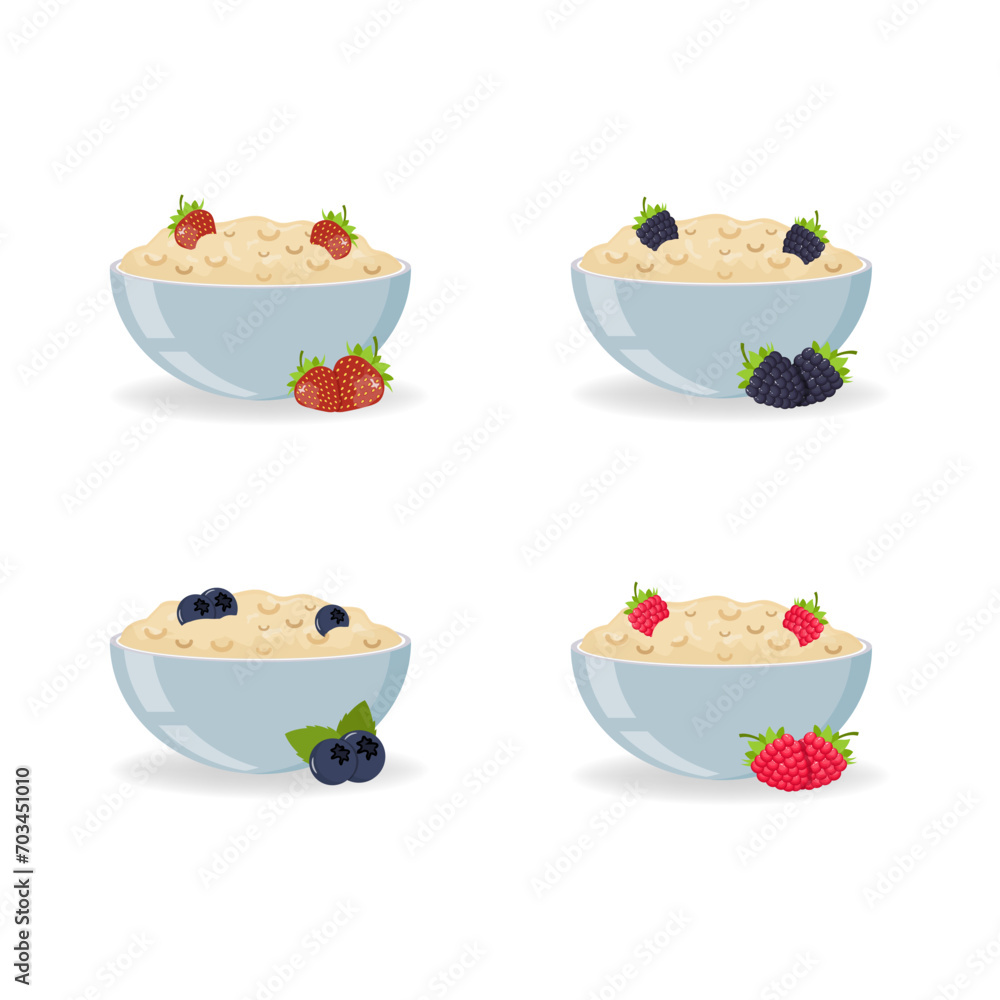 Oatmeal in blue bowl with berries. Vector illustration of healthy breakfast. Flakes with cherries, raspberries and various fruits. Cereal breakfast set