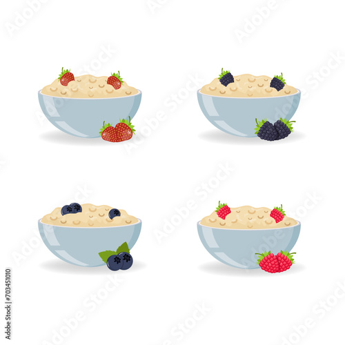 Oatmeal in blue bowl with berries. Vector illustration of healthy breakfast. Flakes with cherries, raspberries and various fruits. Cereal breakfast set