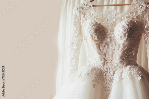 wedding dress prepared for ceremony on solid cream background. ai generative