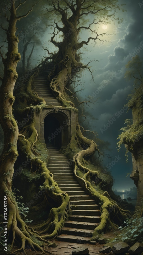 Mystical tree with staircase leading to an archway under a moonlit sky
