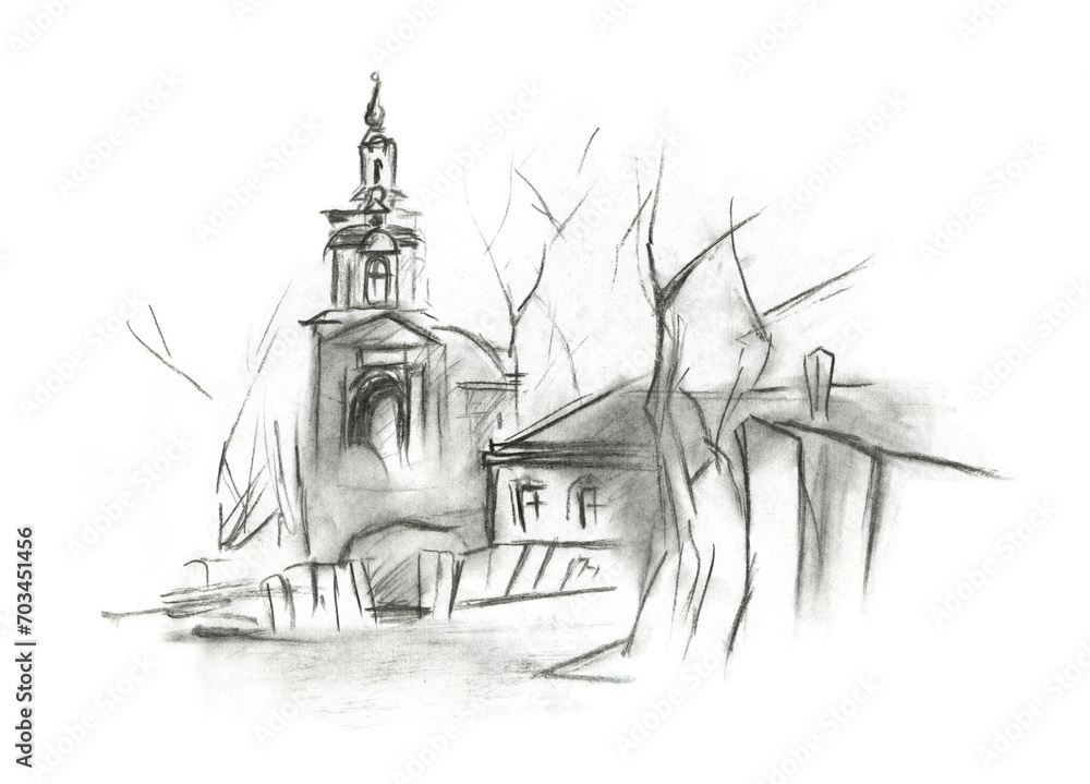 Sketch of a street in the old town. Black pen illustration, isolated on white background bridge Sketch of a street in the old town. Black pen illustration, isolated on white background bridge