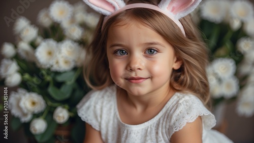 Portrait of a little girl child with curly blonde hair. A light smile and bright eyes. Rabbit ears, Easter holiday. Flowers background.
