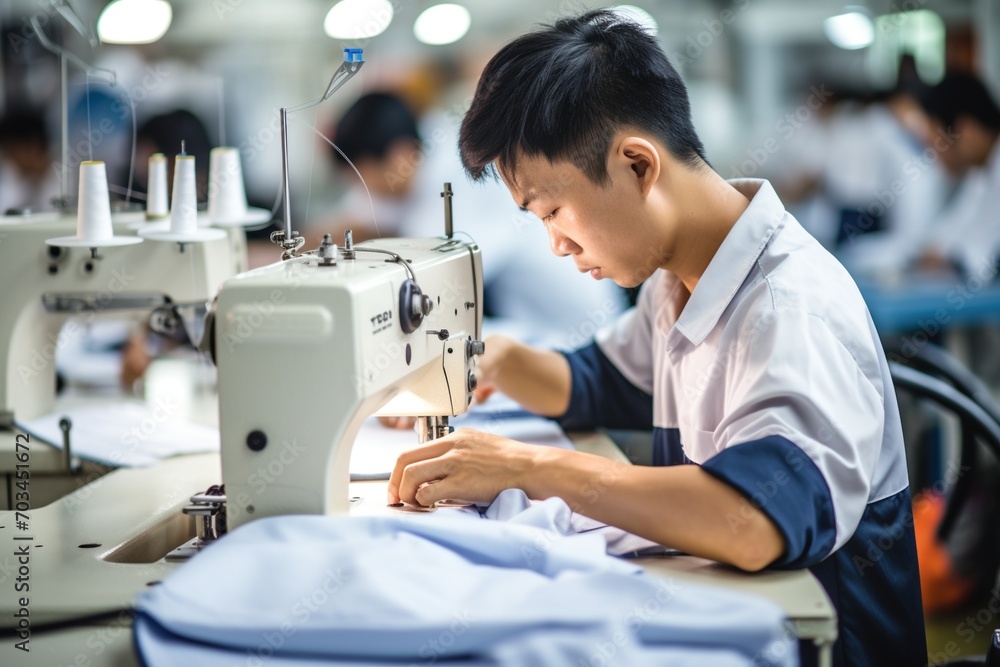 A young male worker sews a shirt in a garment factory - obrazy, fototapety, plakaty 