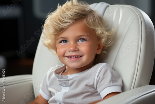Cute kid sitting in dentist's chair and looking at camera.