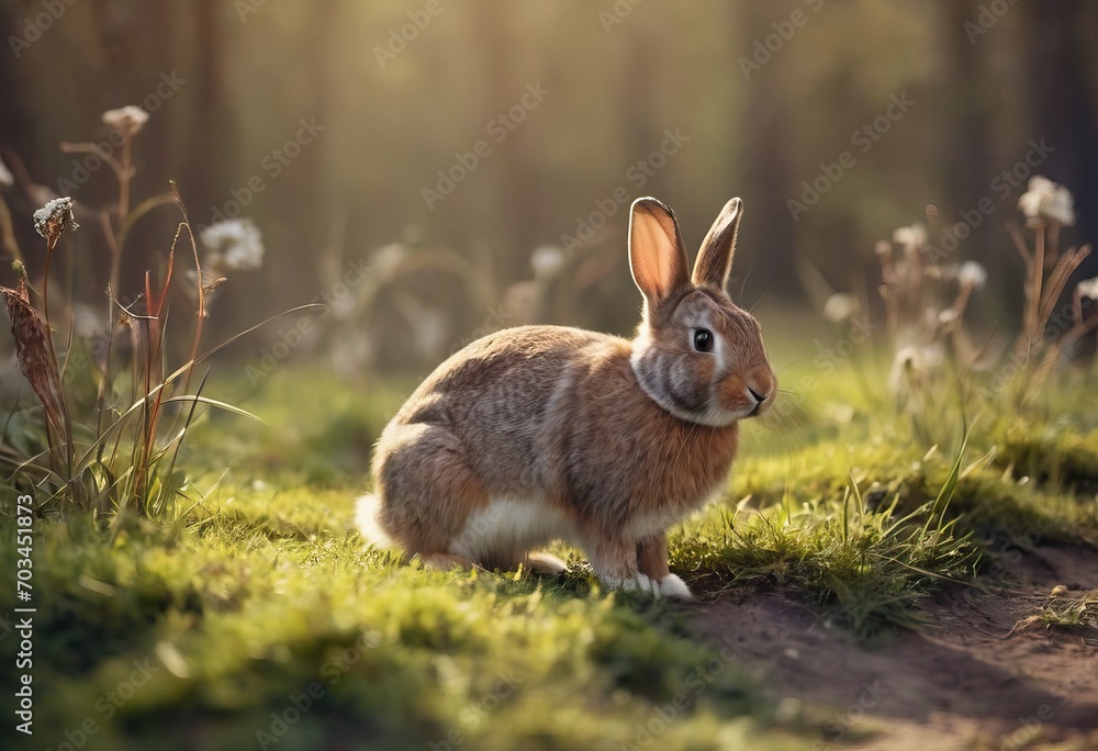 Fototapeta premium gray rabbits in the grass among colored eggs at sunset or sunrise. Spring or summer sunny day outdoors.