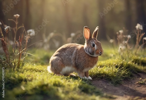 gray rabbits in the grass among colored eggs at sunset or sunrise. Spring or summer sunny day outdoors.