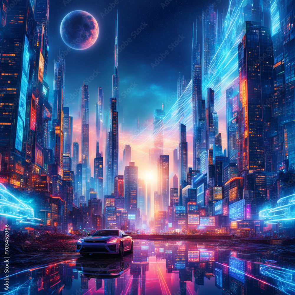 High-tech digital space with a blue color palette, holographic projections of futuristic cityscapes, 16:9, digital art, sci-fi, vibrant color, backlighting, wide angle, maximalism, chaotic composition
