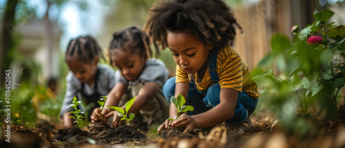 African American Kids at a community Park on Sunny Day tending to their plants and flowers with enthusiasm