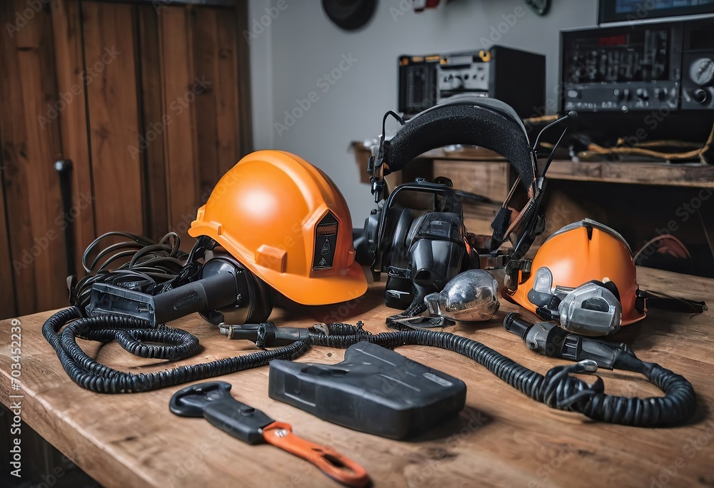 Fototapeta premium personal protective equipment, construction helmet, hearing protection, dust protection.