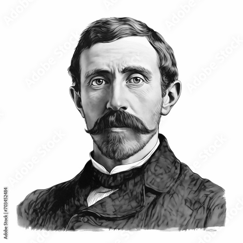 Black and white vintage engraving, headshot portrait of Winslow Homer, the famous American landscape painter and illustrator, white background, greyscale - Generative AI