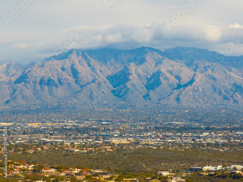 Aerial view of Mt Kimball and Mt Lemmon in Santa Catalina Mountains with Sonoran Desert landscape from Saguaro National Park in city of Tucson, Arizona AZ, USA.  photo