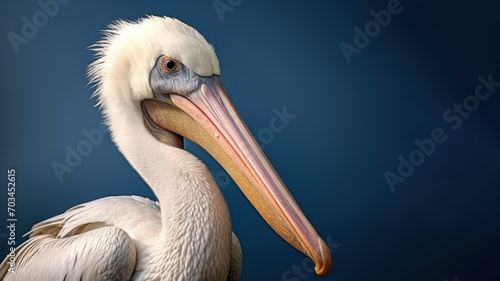 Closeup Pelican standing with long beak isolated on blue background