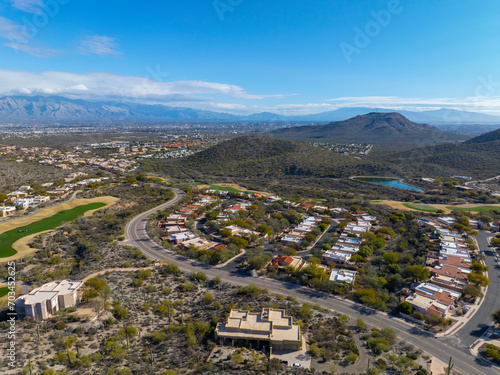 Historic residential houses aerial view at Starr Pass next to Tucson Mountain Park in city of Tucson, Arizona AZ, USA.  photo