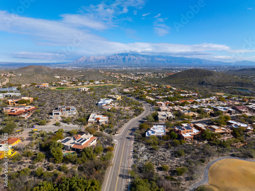 Aerial view of Mt Kimball and Mt Lemmon in Santa Catalina Mountains with Sonoran Desert landscape from Saguaro National Park in city of Tucson, Arizona AZ, USA.  photo