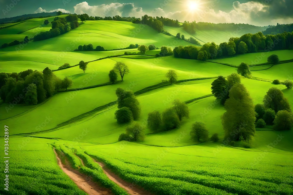 Naklejka premium landscape with green field and blue sky