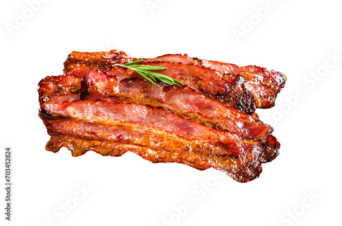 Roasted pork Bacon sizzling slices Transparent background. Isolated.