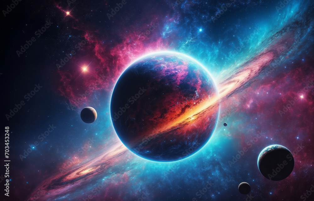 Obraz premium Beautiful alien planet with colorful rings