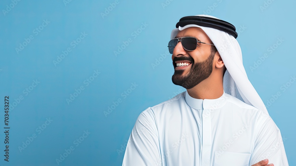 Arab businessman in Dubai, one color background, copy space with generative ai Arab businessman in Dubai, one color background, copy space with generative ai