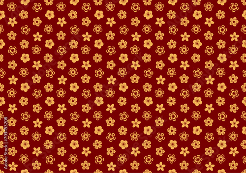 Traditional Asian plum, cherry blossoms gold seamless pattern on red background. Vector illustration. Flat style design. Lunar New Year, Mid Autumn Festival holiday backdrop, package, banner