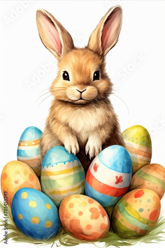 Cute Bunny with Decorated Easter Eggs on White Background. © Asmodar