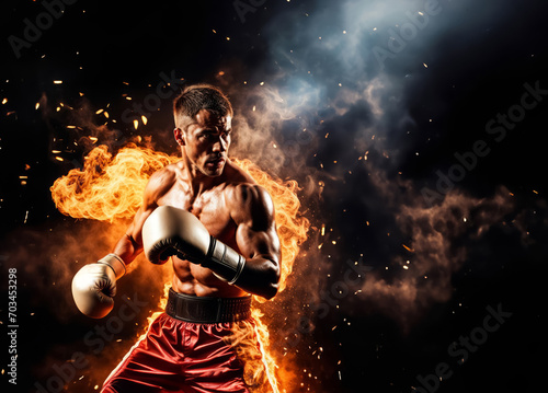 Boxer in white boxing gloves fighting in fire