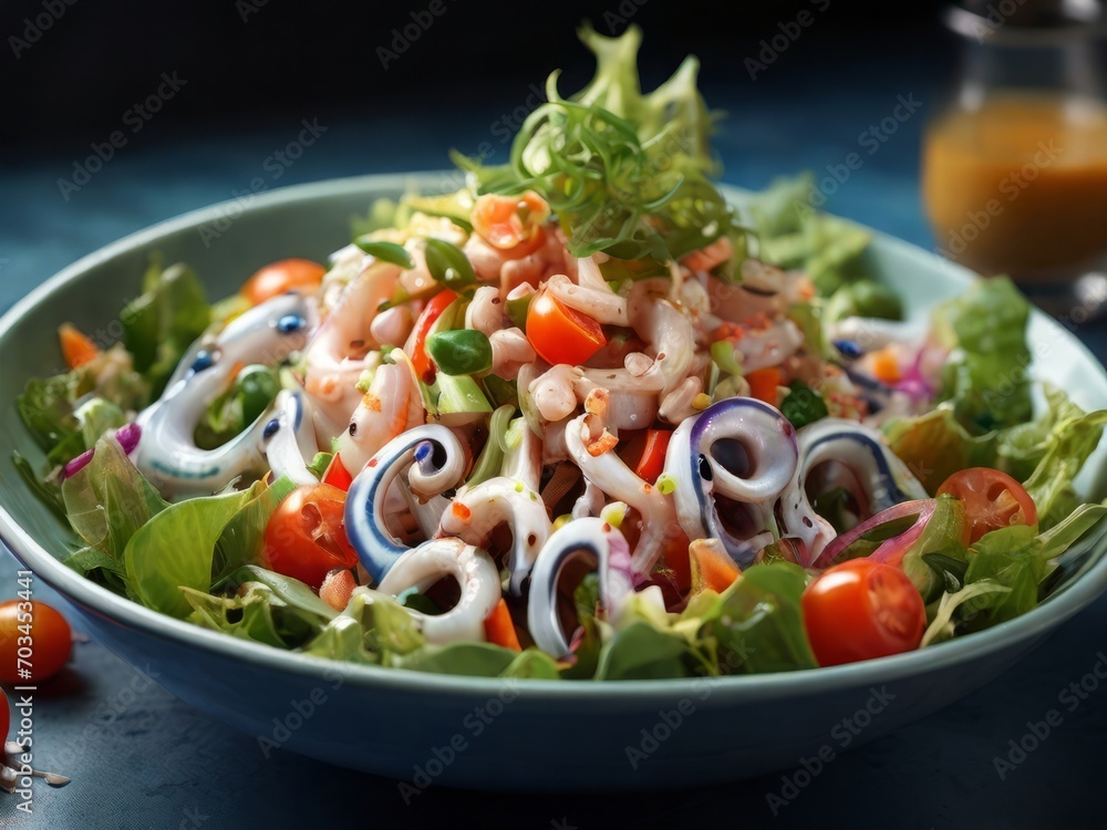 Photo of squid salad: real food at its best. Photorealism and natural lighting.