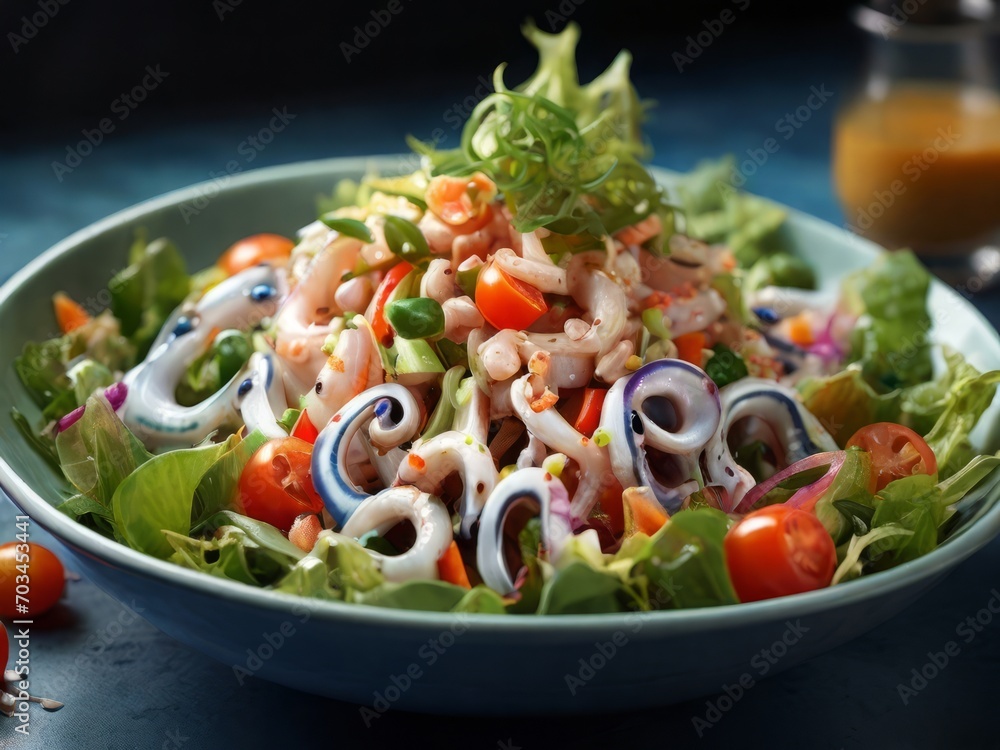 Photo of squid salad: real food at its best. Photorealism and natural lighting. Photo of squid salad: real food at its best. Photorealism and natural lighting.