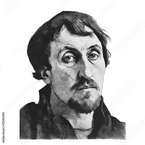 Black and white vintage engraving, headshot portrait of Eugene Henri Paul Gauguin, the famous French Post-Impressionist Symbolist artist, white background, greyscale - Generative AI photo