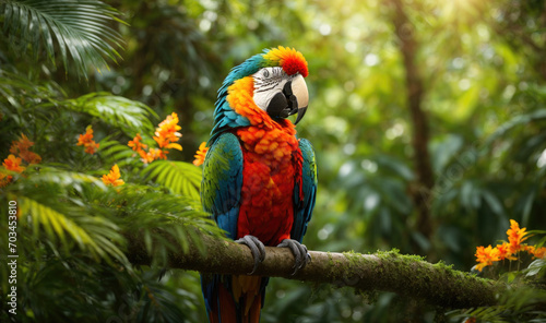 Macaw Colorful Parrot Sitting on Tropical Forest Tree Branch