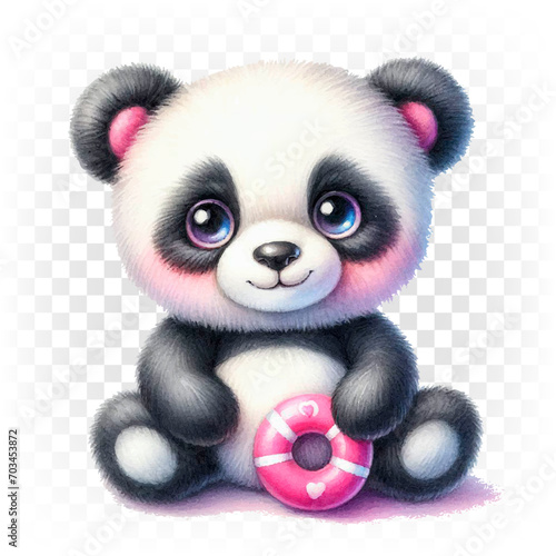 Panda, a teddy bear with a donut. Illustration on a transparent background.