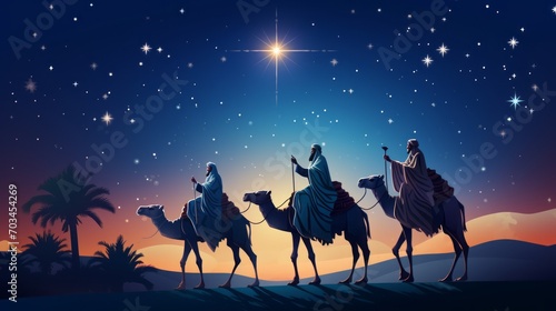 Three wise men on camels  nativity scene with star of bethlehem  christian christmas concept     birth of jesus  salvation  messiah  emmanuel  god with us  night background  